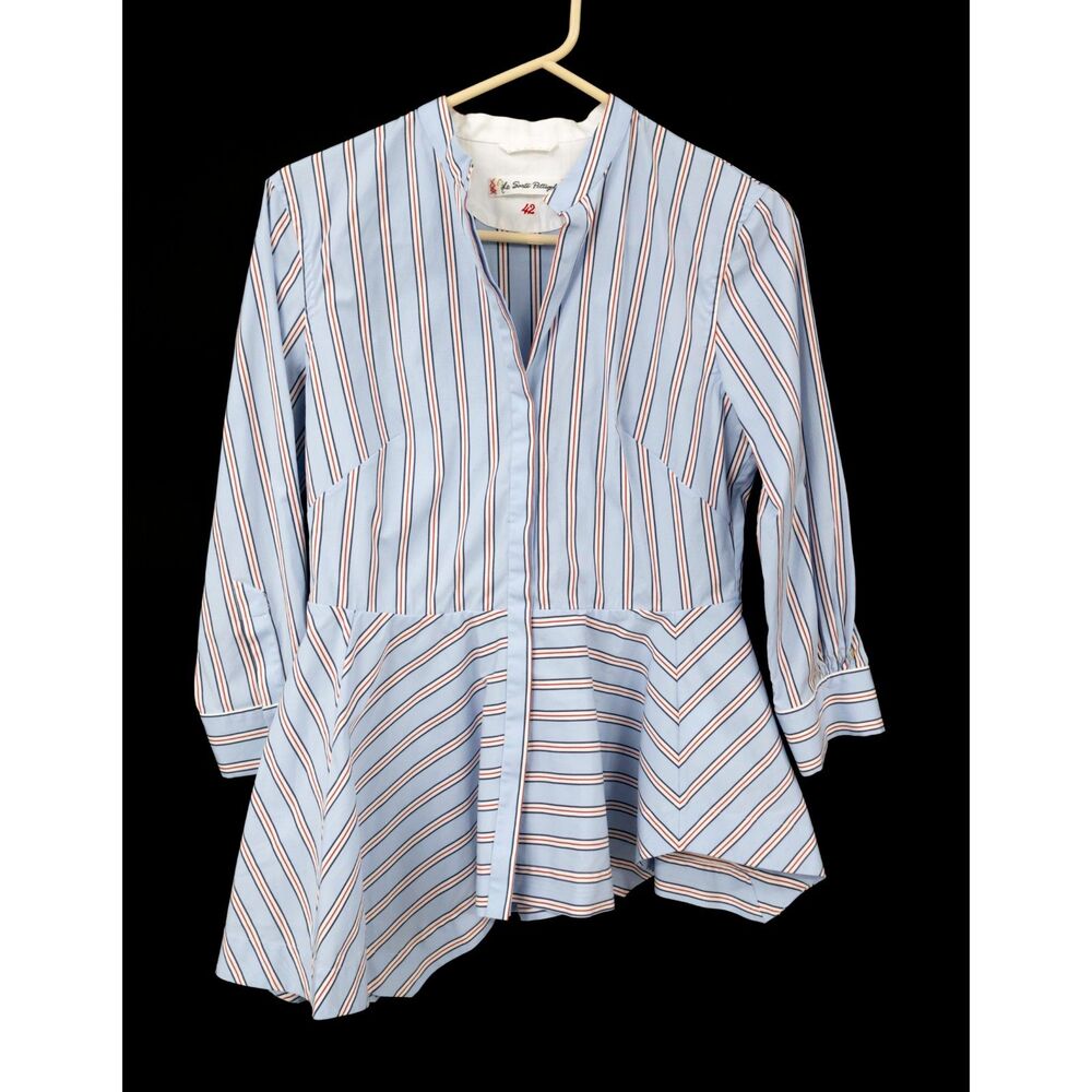 Blue and White Asymmetrical Peplum Button Down Shirt